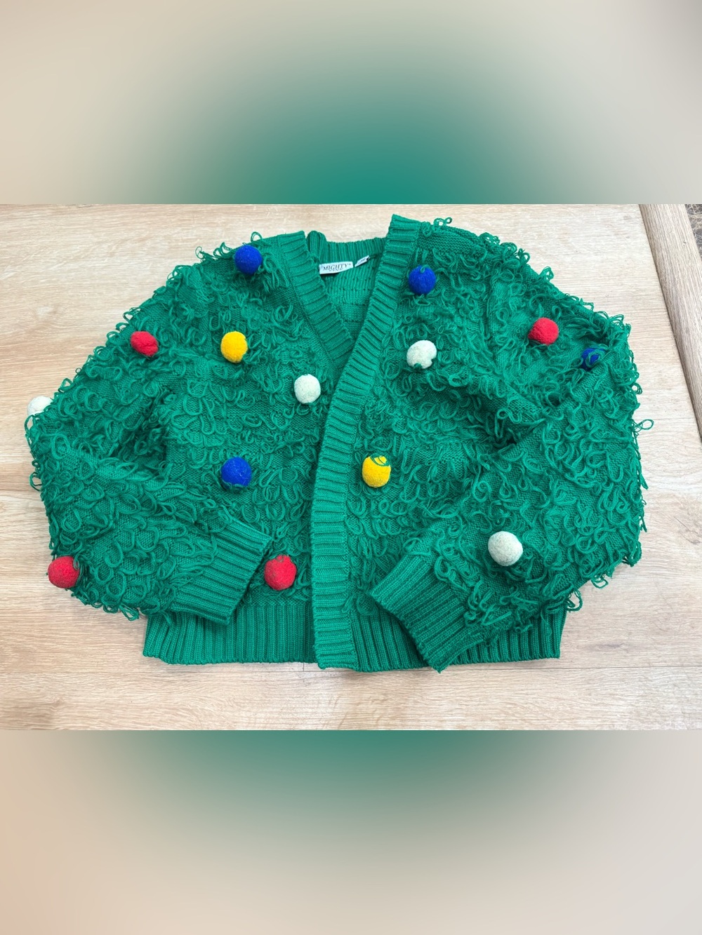 Mighty Fine Green Pom-Pom Loop Knit Cardigan